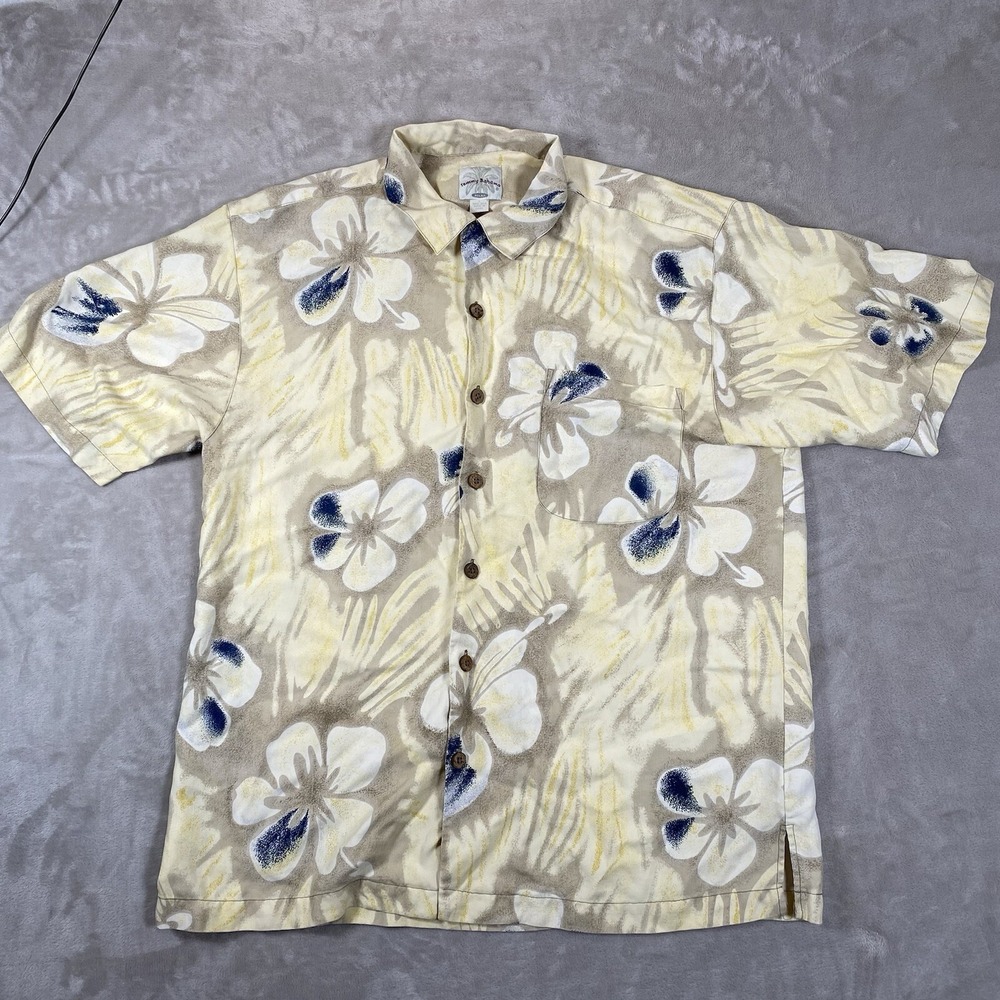 Tommy Bahama Shirt Mens Large Yellow Floral Hawaiian 100% Silk Loop Collar